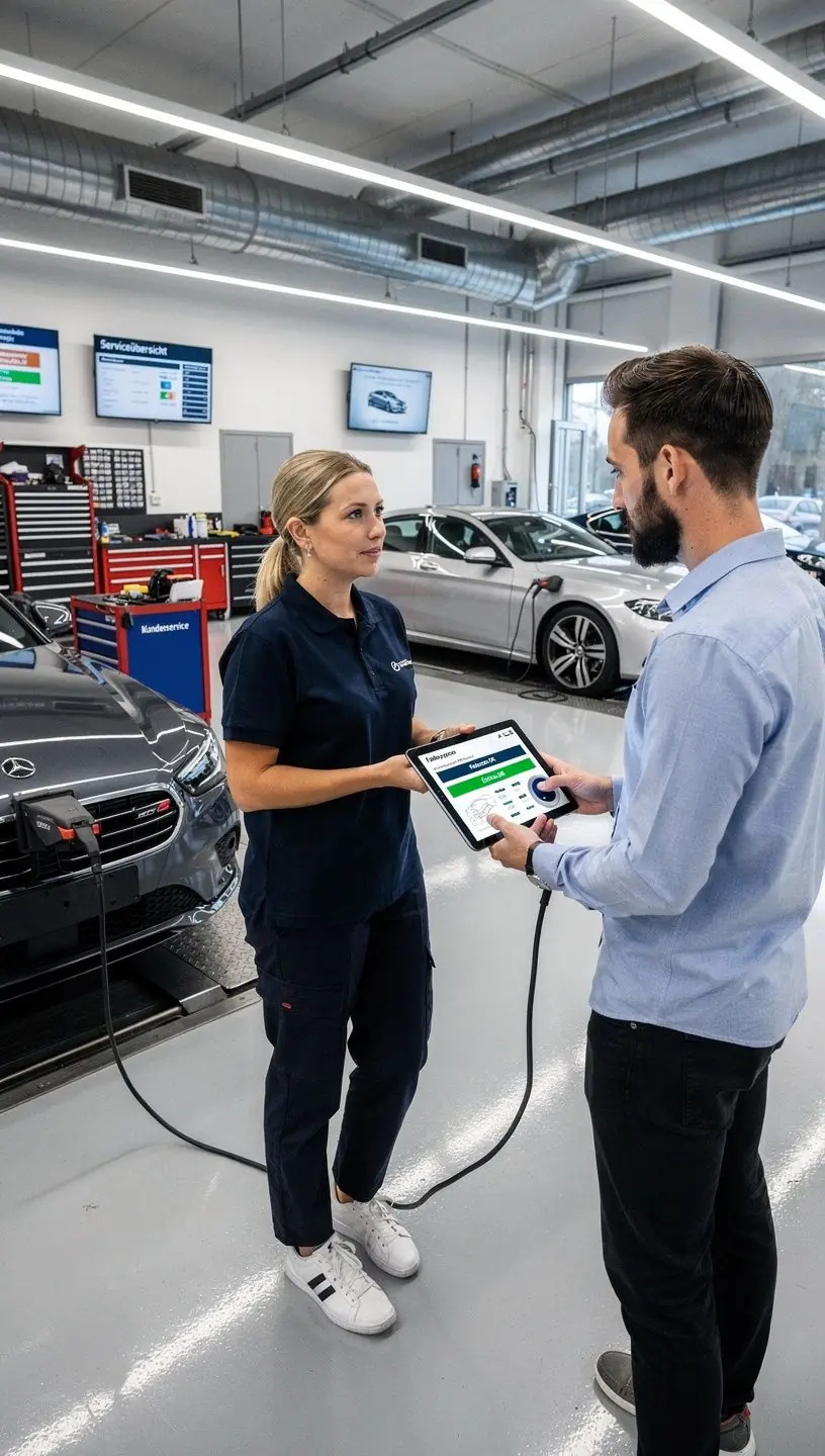 Mechaniker führt Inspektion eines Fahrzeugs mit moderner Diagnosetechnik für präzise Wartung durch.